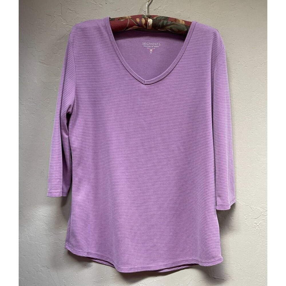 Seg'Ments Women's Textured Knit 3/4 Sleeve V-Neck Shirt Pink Small Tencel Blend